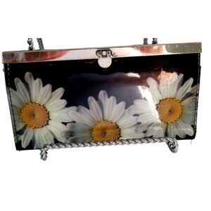 Vintage Daisy Clutch Floral Vinyl Latch Key Closure Black White and Yellow
